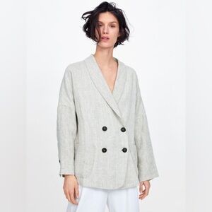 Zara Women’s Linen Oversized Double Breasted Blazer Beige Size M Business Casual